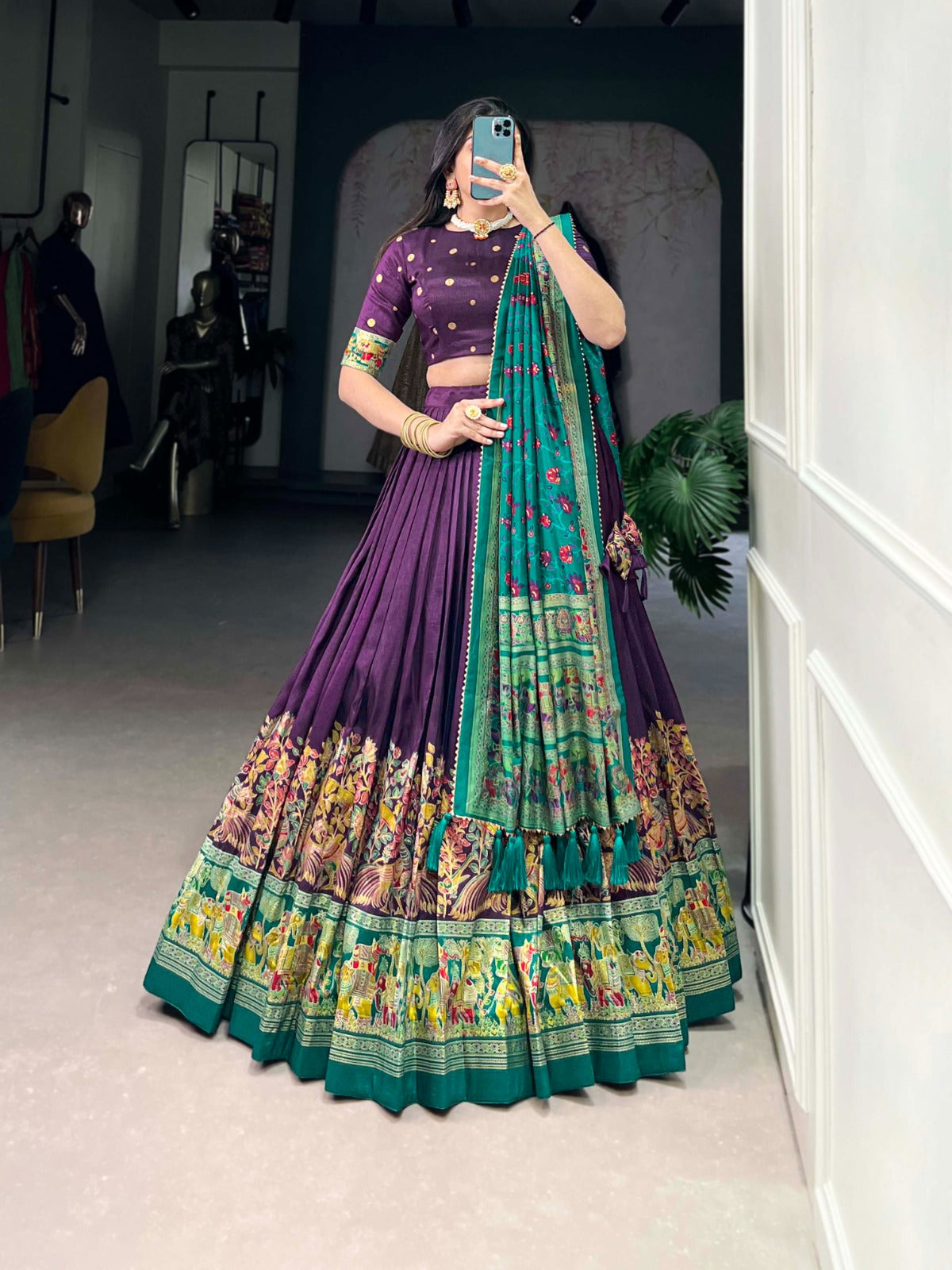 Exquisite Floral Fantasy: Tusser Silk Lehenga Choli with Intricate Print and Dupatta
