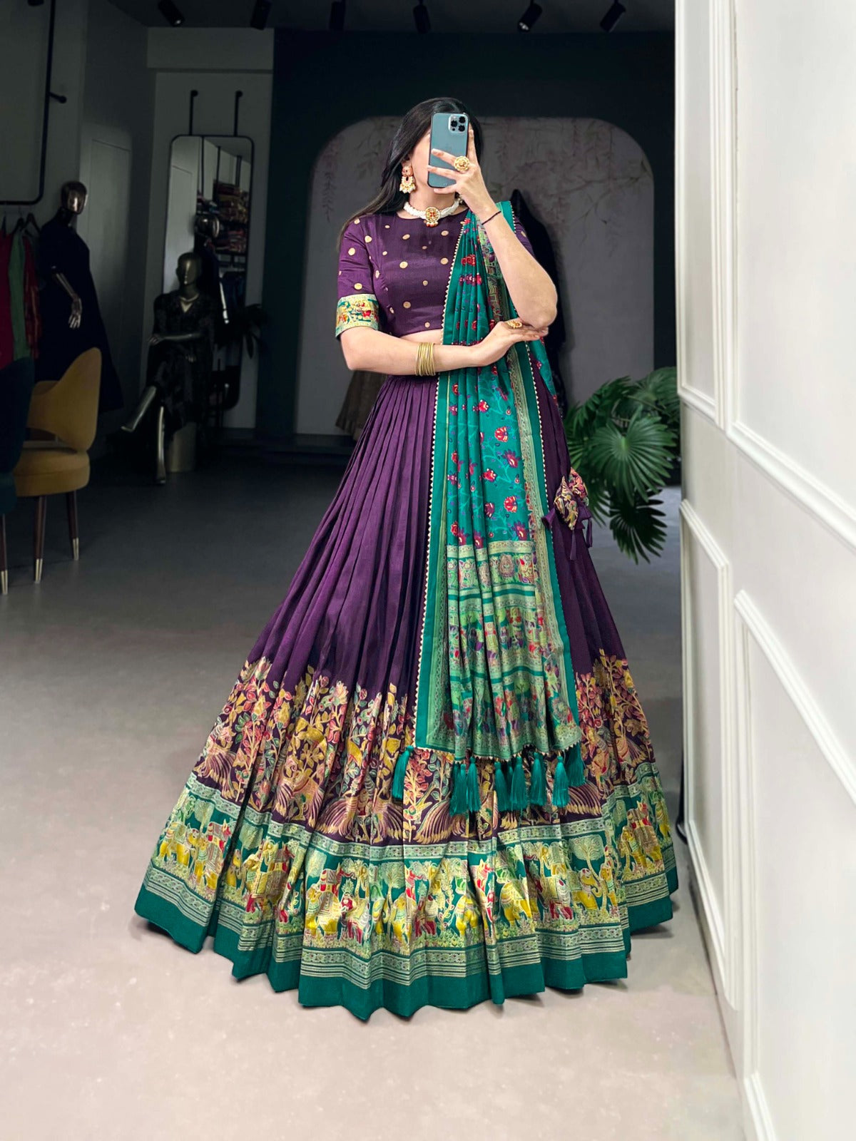 Exquisite Floral Fantasy: Tusser Silk Lehenga Choli with Intricate Print and Dupatta