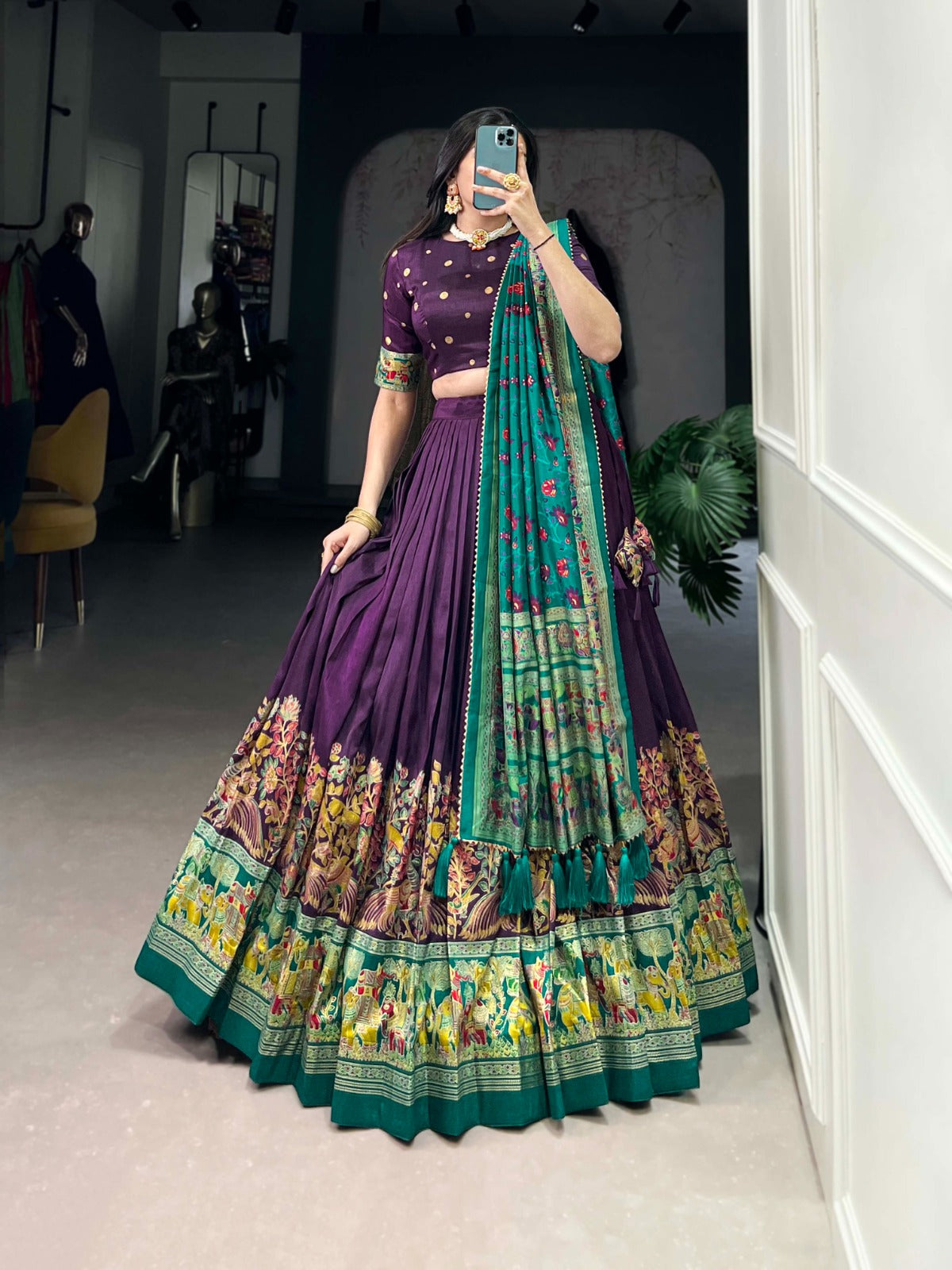 Exquisite Floral Fantasy: Tusser Silk Lehenga Choli with Intricate Print and Dupatta