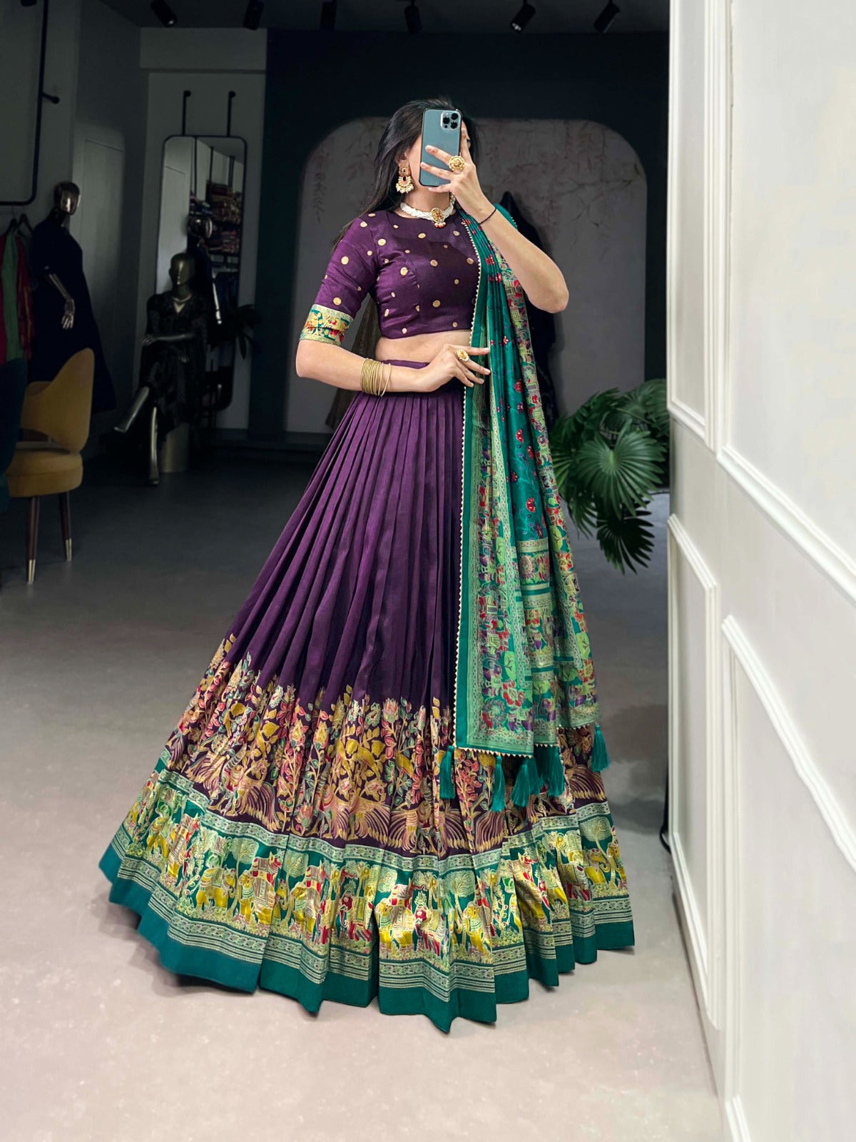 Exquisite Floral Fantasy: Tusser Silk Lehenga Choli with Intricate Print and Dupatta