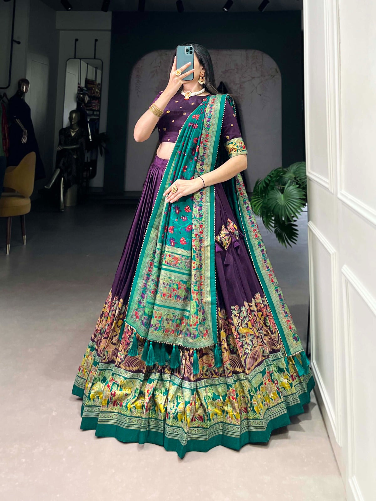 Exquisite Floral Fantasy: Tusser Silk Lehenga Choli with Intricate Print and Dupatta