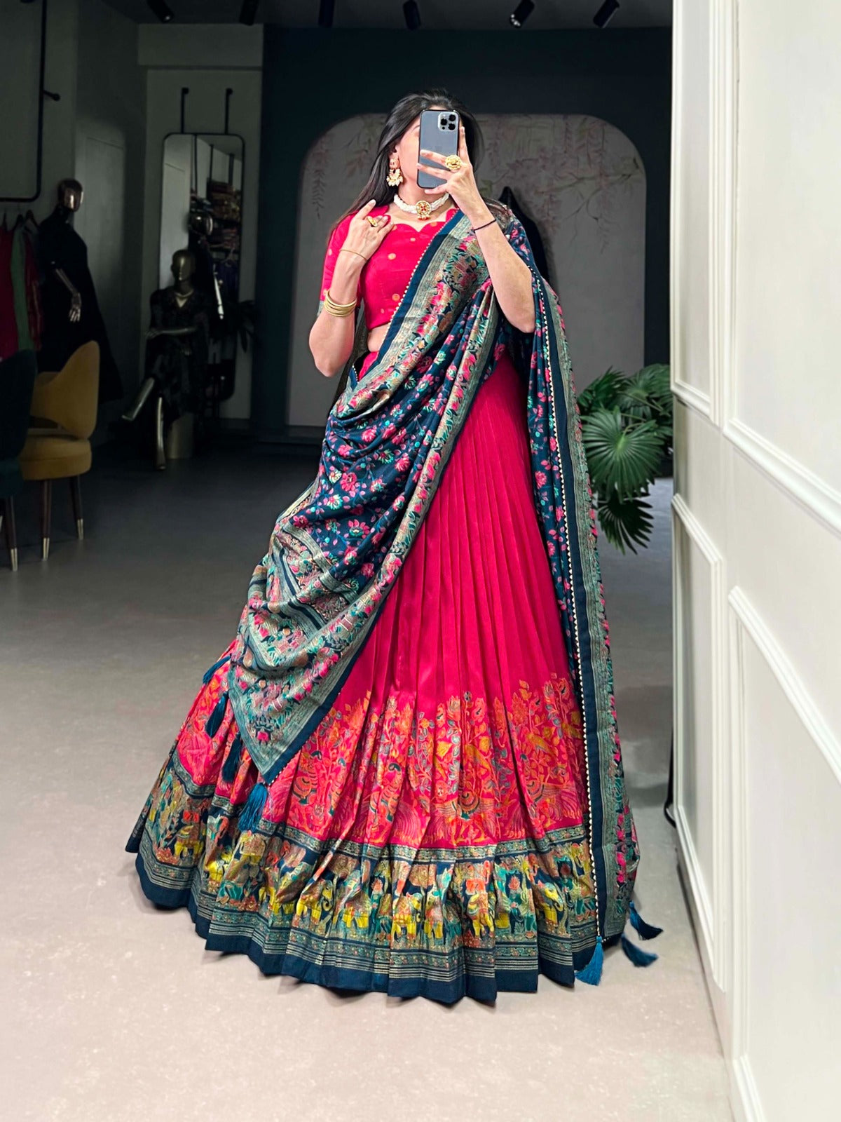 Exquisite Floral Fantasy: Tusser Silk Lehenga Choli with Intricate Print and Dupatta