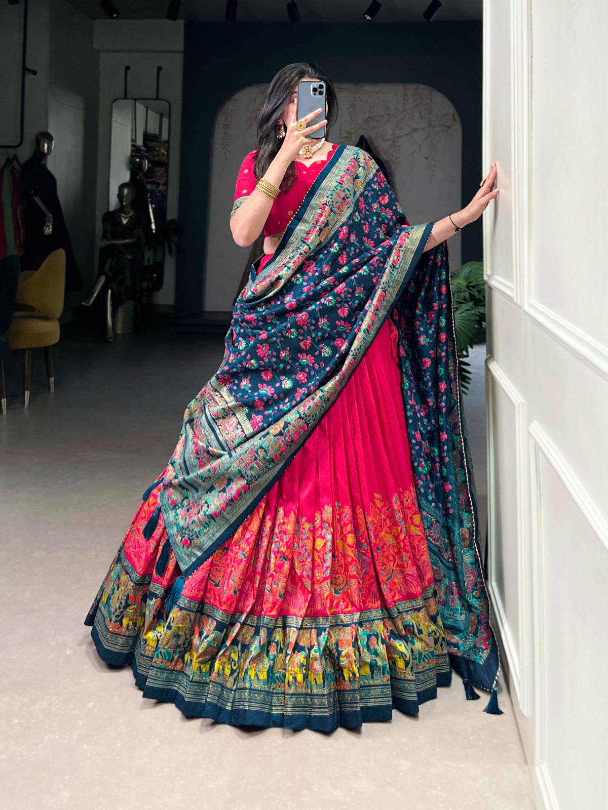 Exquisite Floral Fantasy: Tusser Silk Lehenga Choli with Intricate Print and Dupatta