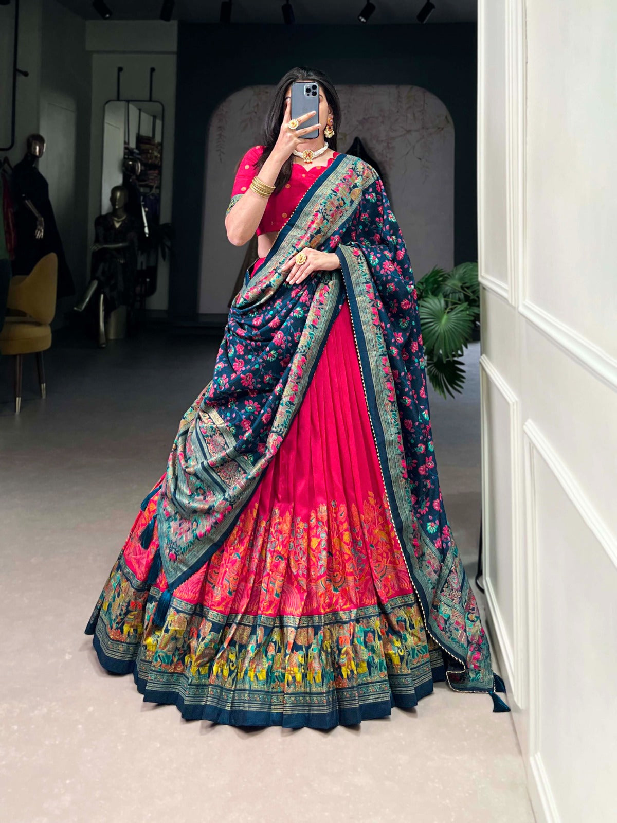 Exquisite Floral Fantasy: Tusser Silk Lehenga Choli with Intricate Print and Dupatta