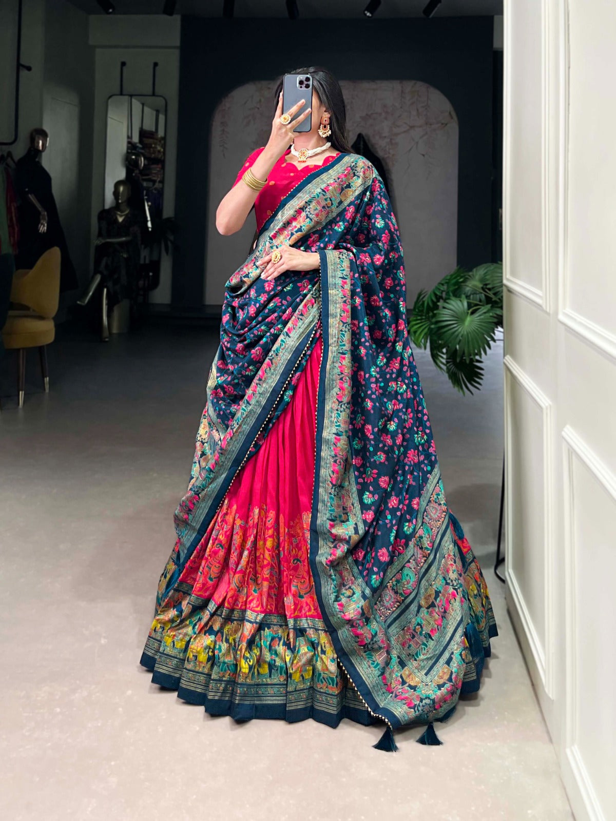 Exquisite Floral Fantasy: Tusser Silk Lehenga Choli with Intricate Print and Dupatta