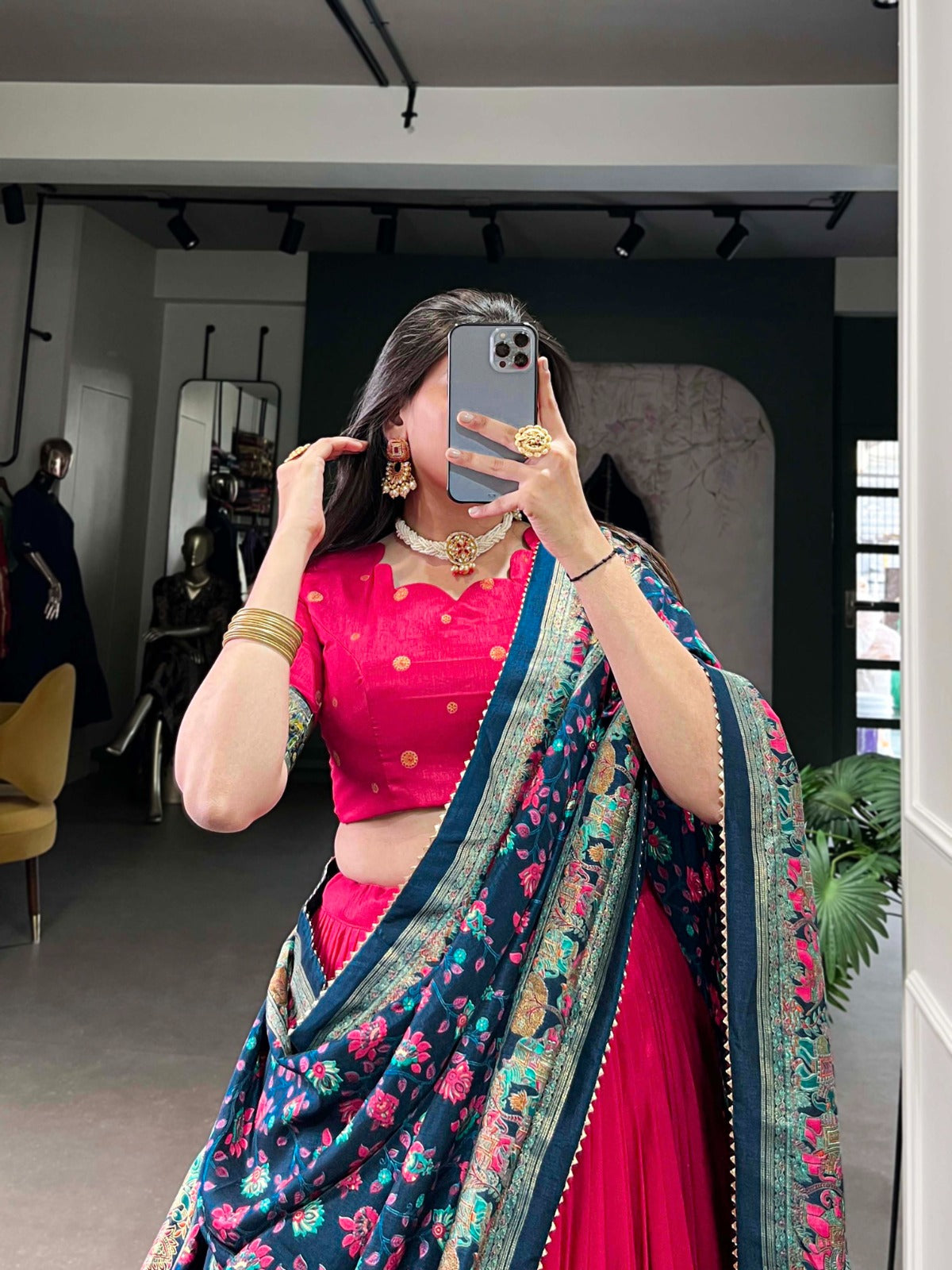 Exquisite Floral Fantasy: Tusser Silk Lehenga Choli with Intricate Print and Dupatta
