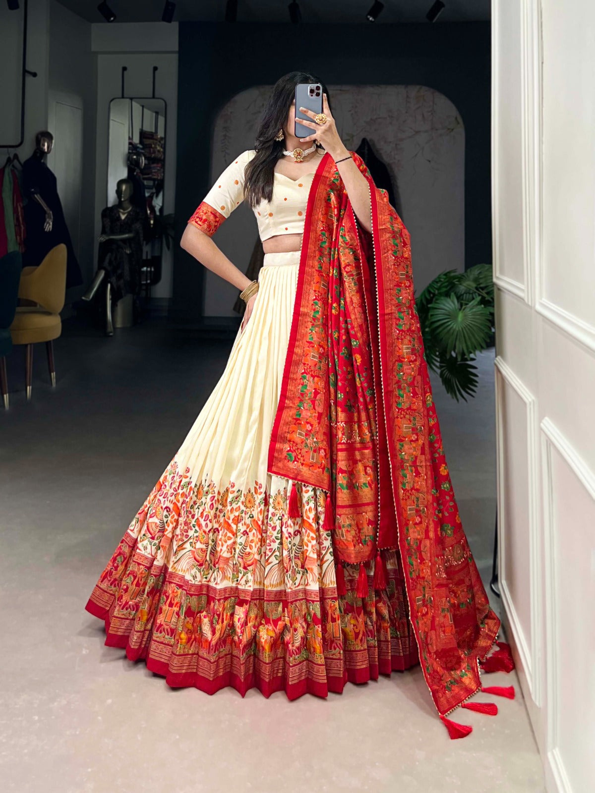 Exquisite Floral Fantasy: Tusser Silk Lehenga Choli with Intricate Print and Dupatta