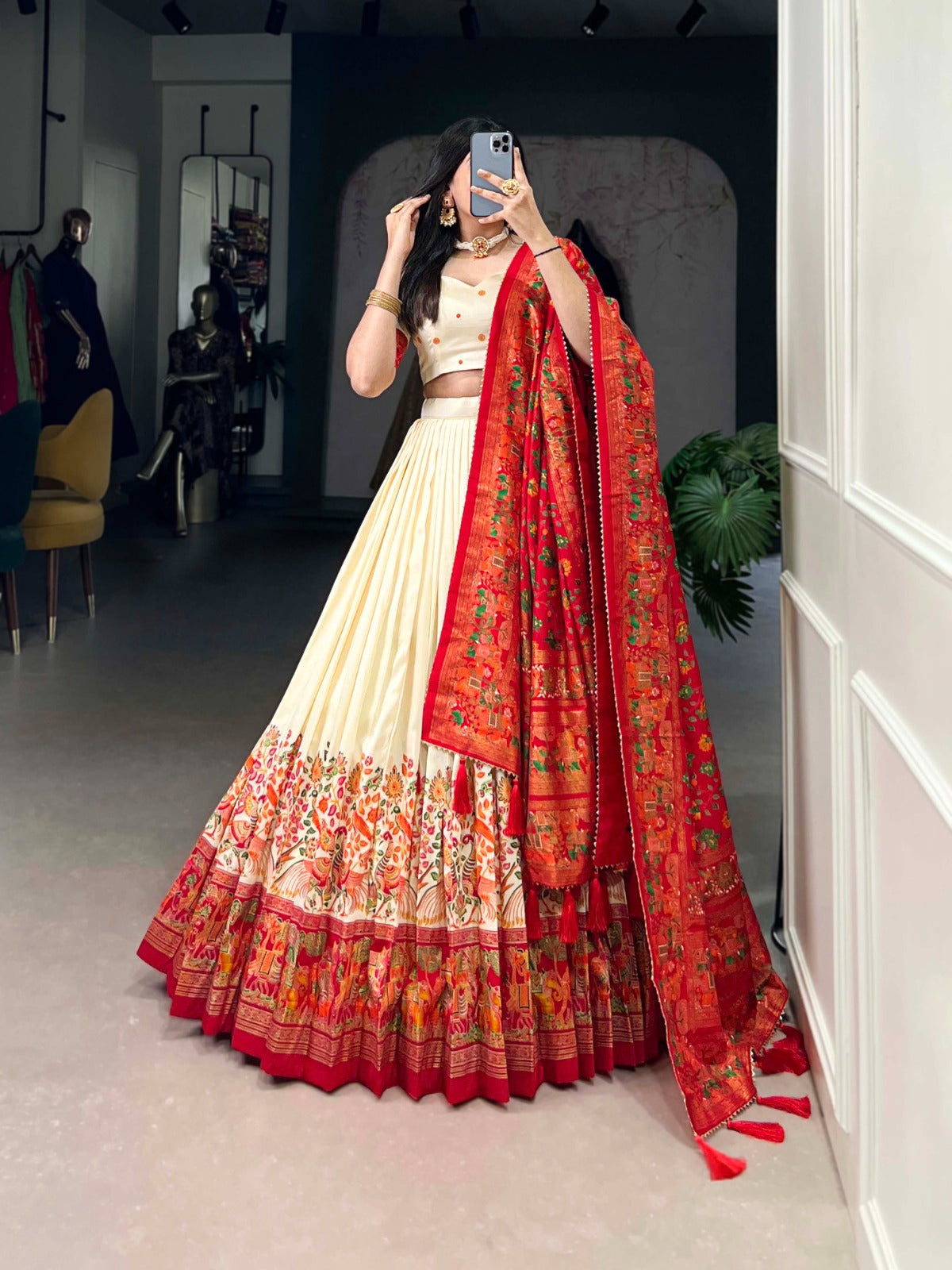 Exquisite Floral Fantasy: Tusser Silk Lehenga Choli with Intricate Print and Dupatta