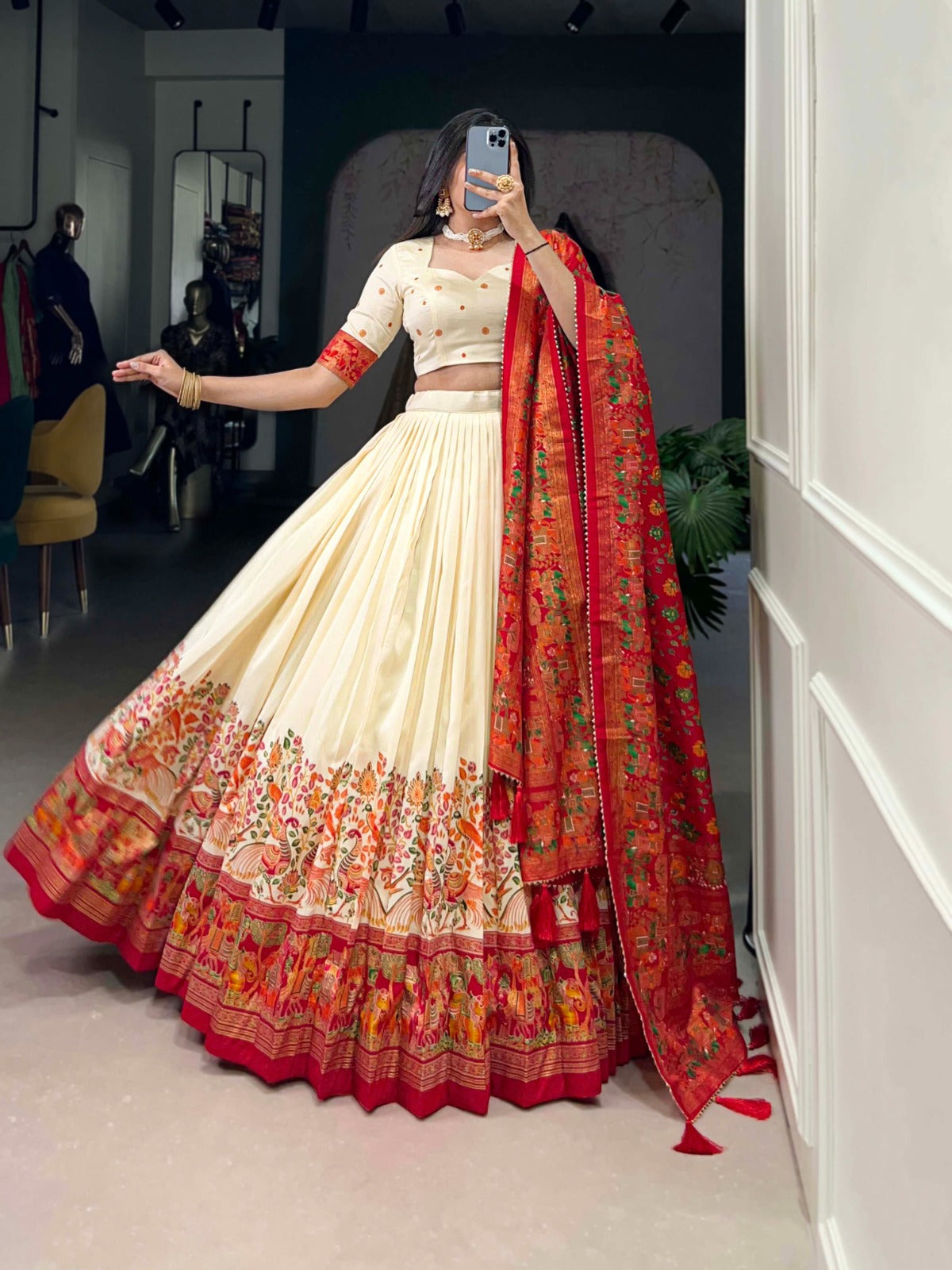 Exquisite Floral Fantasy: Tusser Silk Lehenga Choli with Intricate Print and Dupatta